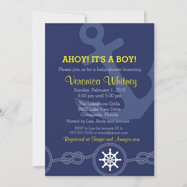 Invitation au Baby shower nautique, Ahoy ! C'est u (Devant)