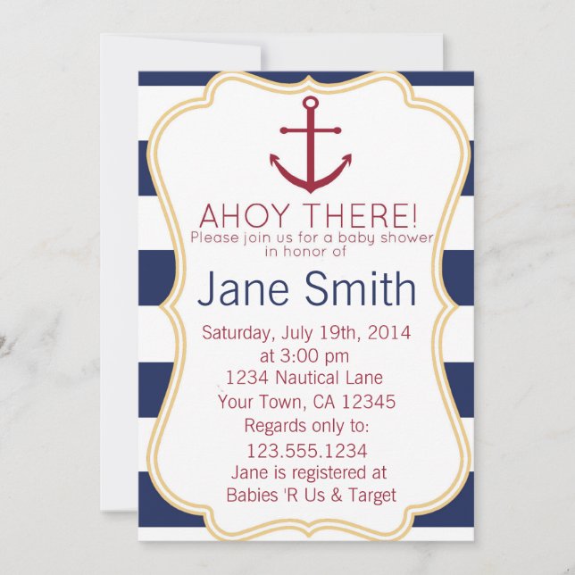 Invitation au Baby shower nautique bleu et blanc (Devant)