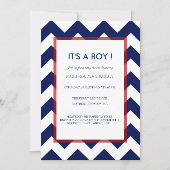 Invitation au Baby shower nautique de Chevron (Devant)