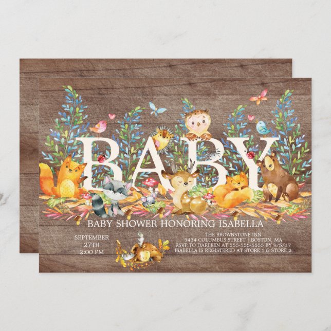Invitation au Baby shower neutre bois (Devant / Derrière)