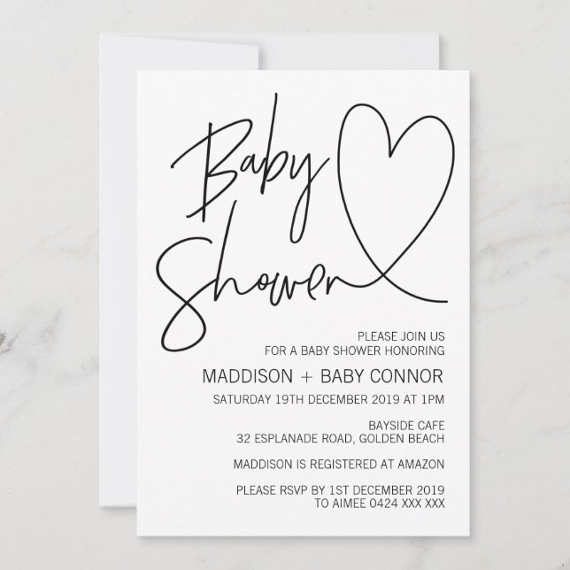 Invitation au Baby shower noir et blanc simple (Devant)