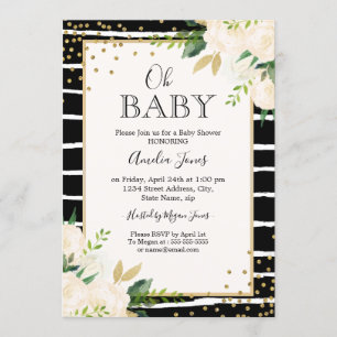 Invitation au Baby shower Oh-White Black Gold Flor