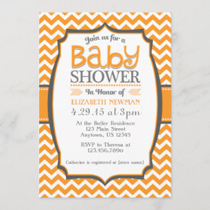 Invitation au Baby shower Orange Grey Chevron