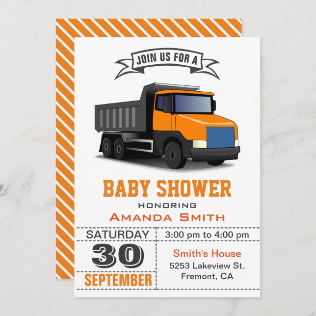 Invitation au Baby shower Orange Truck (Devant / Derrière)