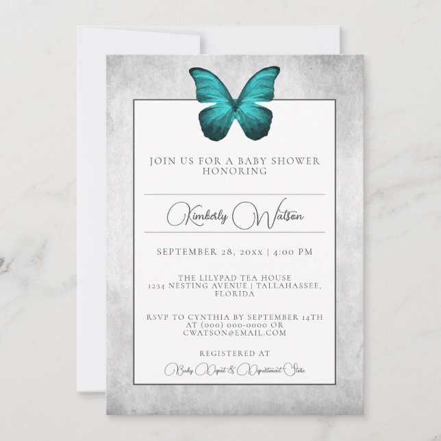 Invitation au Baby shower papillon turquoise (Devant)