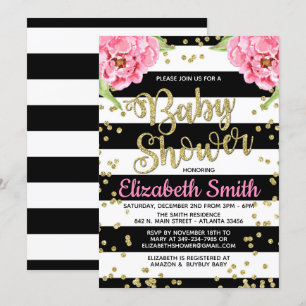 Invitation au Baby shower Peony noir et blanc