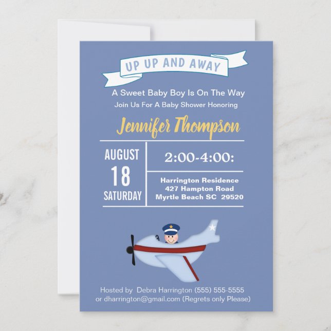 Invitation au Baby shower pilote et avion (Devant)