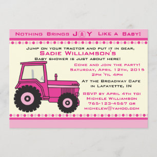 Invitation au Baby shower Pink Girl Tractor