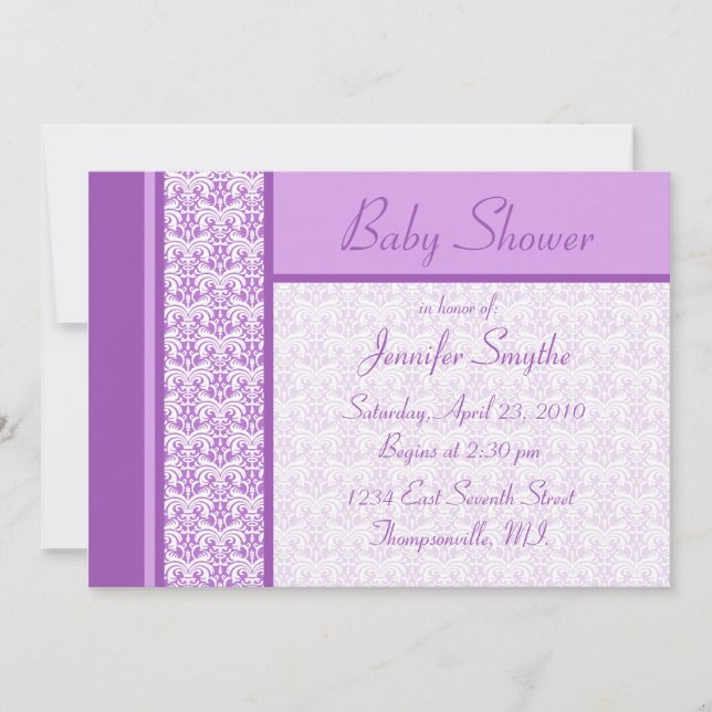 Invitation au Baby shower pourpre Damask (Devant)