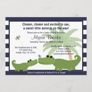 Invitation au baby shower rayé bleu Alligator AMP