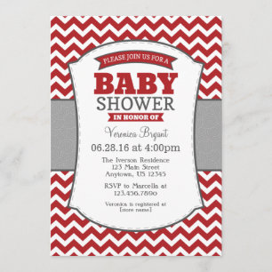 Invitation au Baby shower Red Grey Chevron