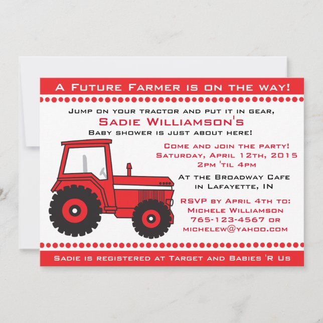 Invitation au Baby shower Red Tractor (Devant)