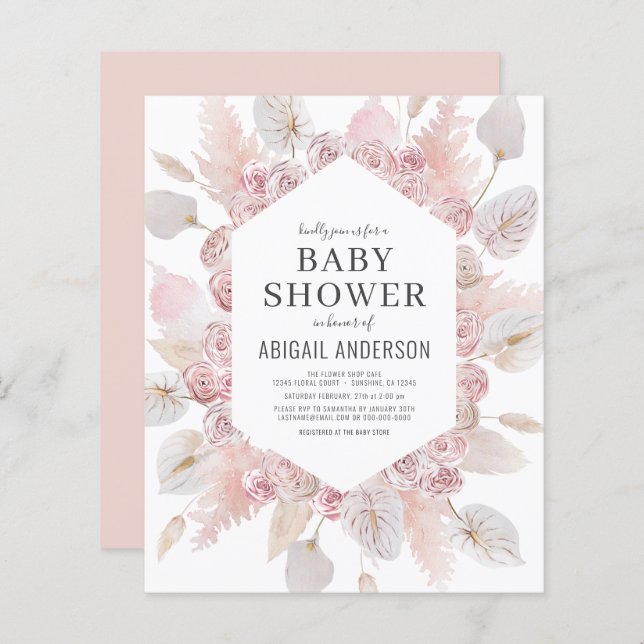 Invitation au Baby shower rose blanc Boho Budget (Devant / Derrière)