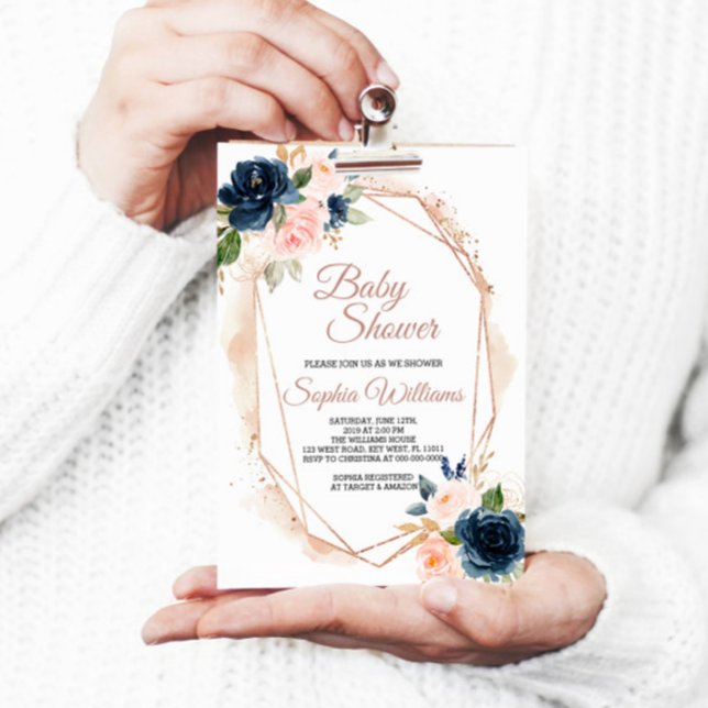 Invitation au Baby shower rose, marine et or (Créateur téléchargé)