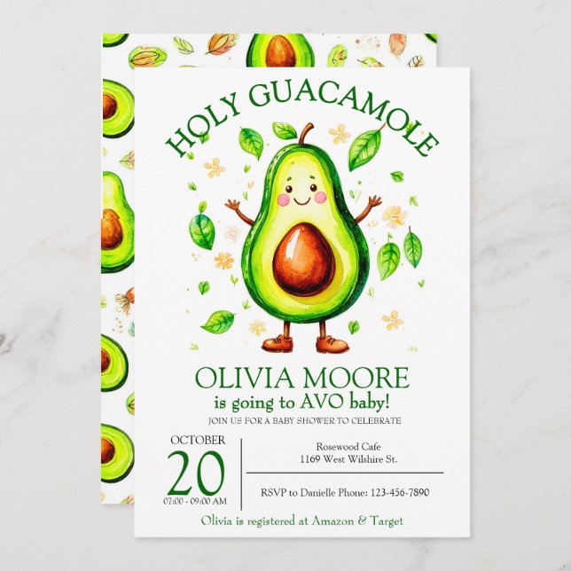 Invitation au Baby shower Saint-Guacamole Avocado (Devant / Derrière)