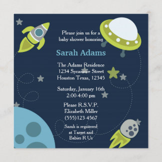 Invitation au Baby shower spatial bleu et vert 5x5