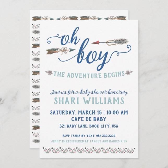 Invitation au Baby shower tribal Oh Boy (Devant / Derrière)