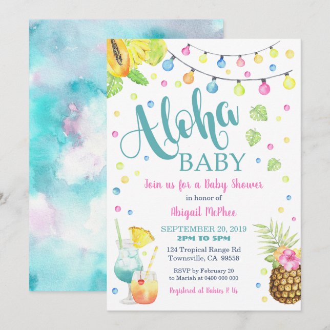 Invitation au Baby shower tropical d'Aloha (Devant / Derrière)