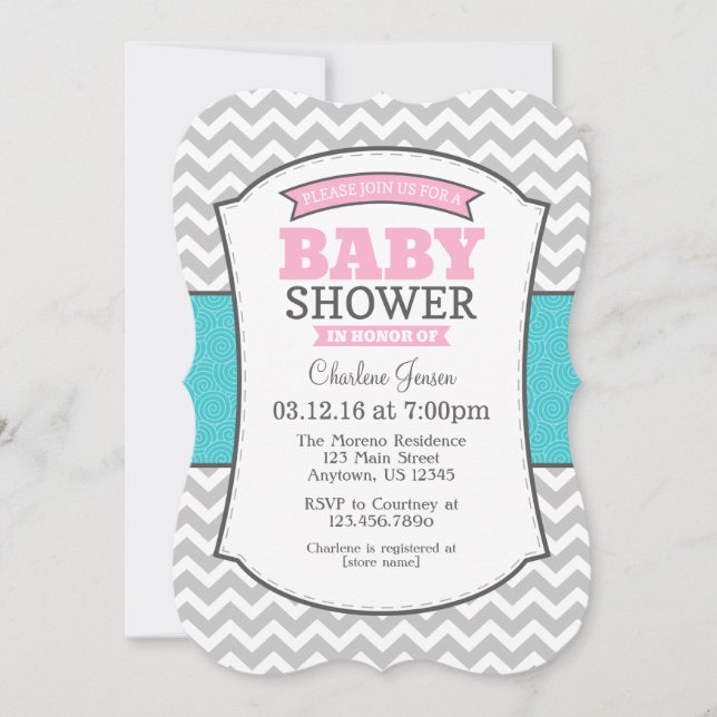 Invitation au Baby shower Turquoise de Chevron gri (Devant)