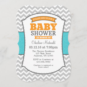 Invitation au Baby shower Turquoise Orange Grey Ch