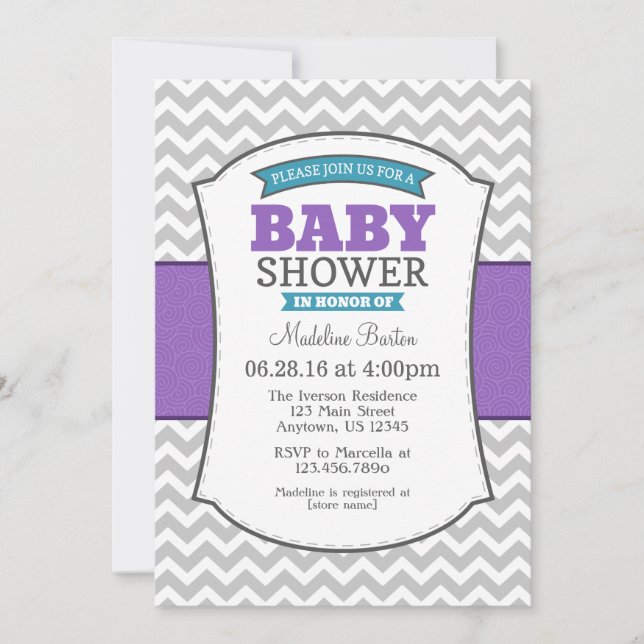 Invitation au Baby shower Turquoise Purple Grey Ch (Devant)