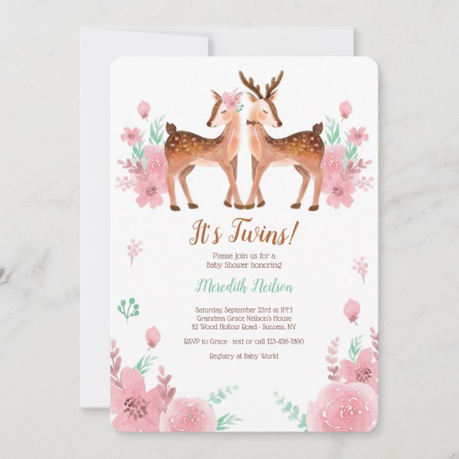 Invitation au Baby shower Twin Deer (Devant)