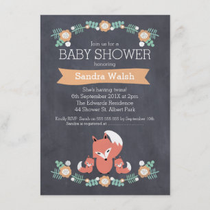 Invitation au Baby shower Twin Fox neutre pour le 