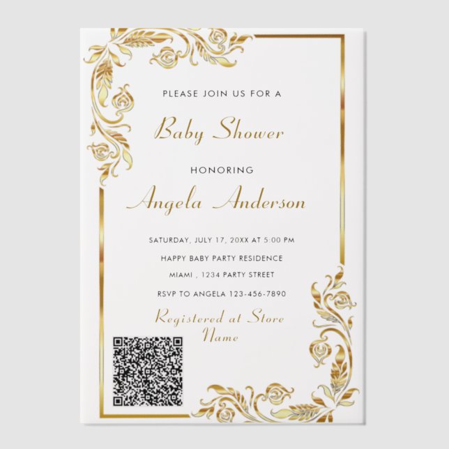 Invitation au Baby shower Vellum Or avec code QR (Recto)