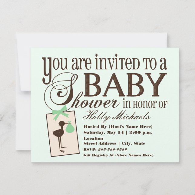 Invitation au Baby shower vert cigogne sophistiqué (Devant)
