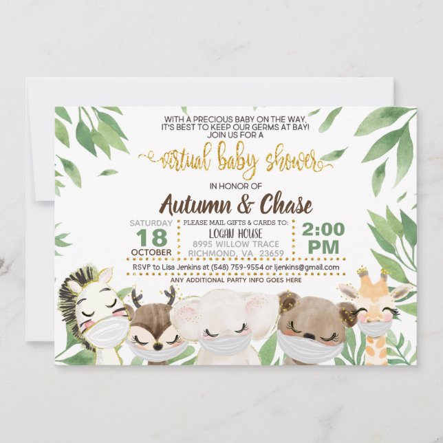 Invitation au Baby shower virtuel animal masqué (Devant)
