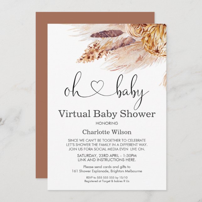Invitation au Baby shower virtuel Boho Pampas Gras (Devant / Derrière)