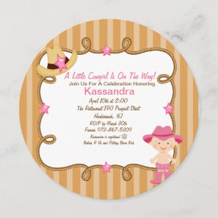 Invitation au Baby shower Western Round Pink Cowgi