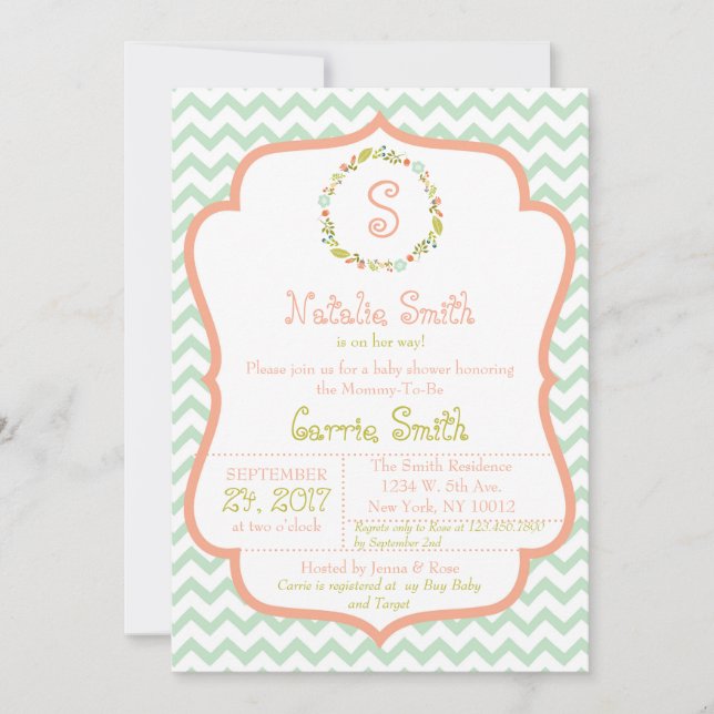 Invitation au Baby shower Wreath et Chevron (Devant)