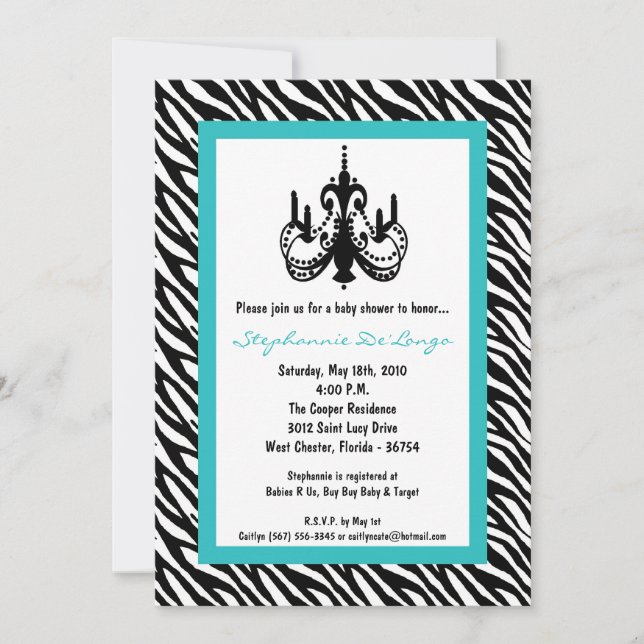 Invitation au Baby shower Zèbre Turquoise de 5 x 7 (Devant)