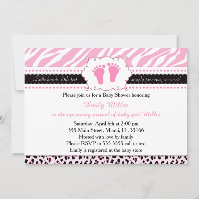 Invitation au Baby shower Zébrée rose Leopard Feet (Devant)