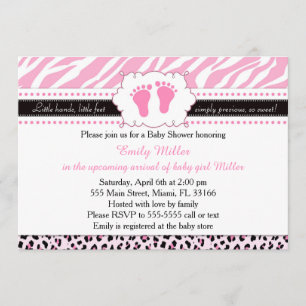 Invitation au Baby shower Zébrée rose Leopard Feet