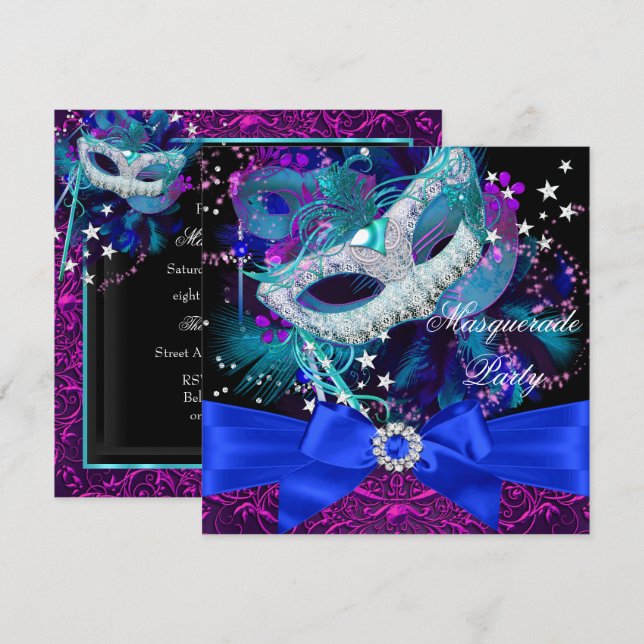 Invitation au bal masqué avec masque à paillettes  (Devant / Derrière)