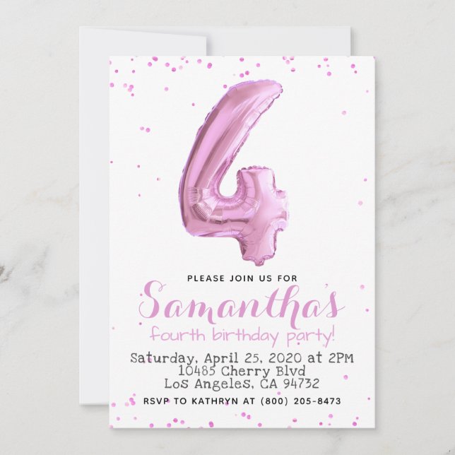 Invitation au ballons rose Pastel pour le 4e anniv (Devant)