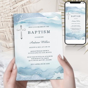 Invitation au baptême bleu avec croix   Imprimable
