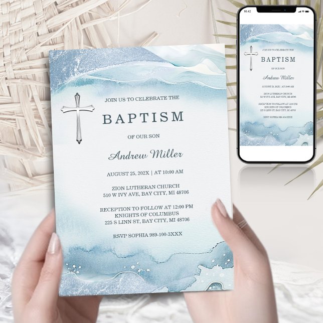Invitation au baptême bleu avec croix | Imprimable (Créateur téléchargé)