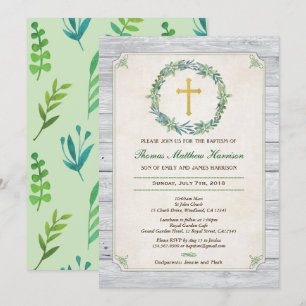 Invitation au baptême. Couronne verte bois rustiqu