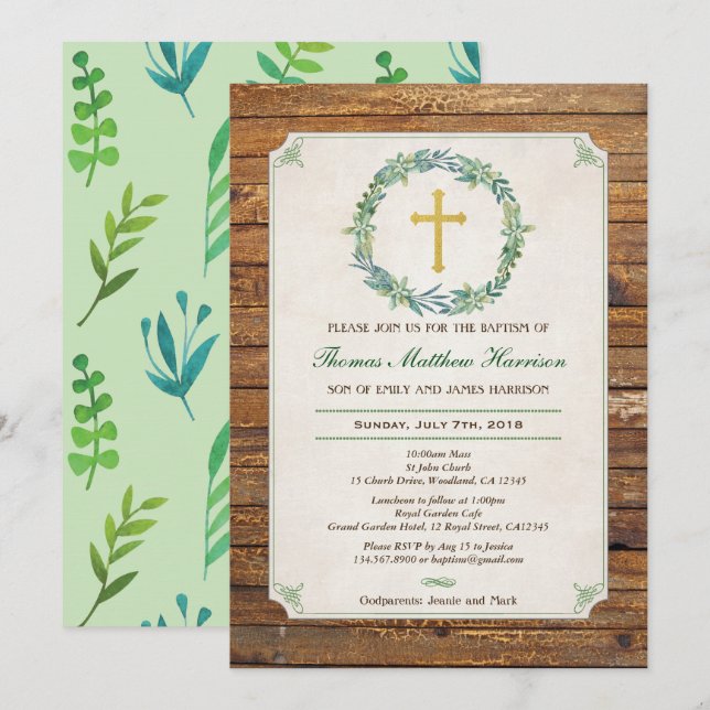 Invitation au baptême. Couronne verte bois rustiqu (Devant / Derrière)