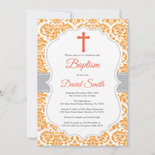 Invitation au baptême croisé Orange Damask