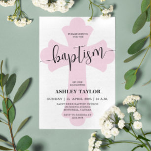 Invitation au baptême croisé rose clair