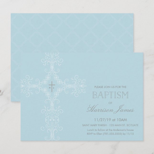 Invitation au baptême de bébé avec croix, initiale (Devant / Derrière)