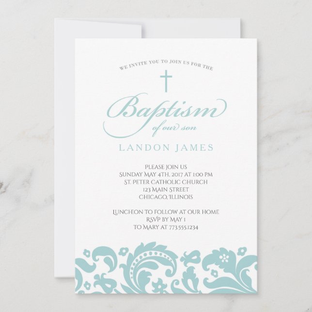 Invitation au baptême de Damas Turquoise (Devant)