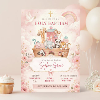Invitation au baptême de fille | Arche de Noé rose