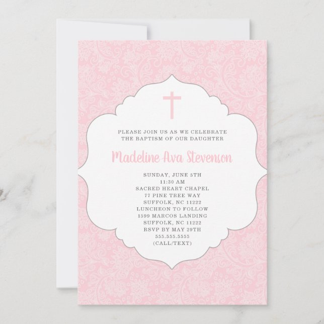 Invitation au baptême de fille | damas rose tendan (Devant)