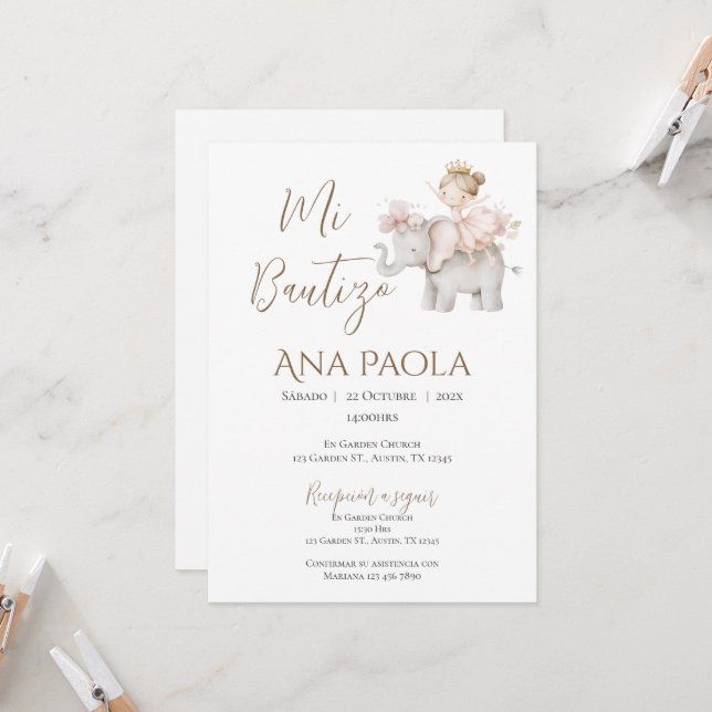 Invitation au baptême de fille en Boho espagnol (Devant/Arrière en situation)