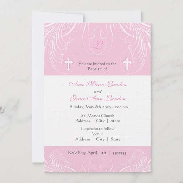 Invitation au baptême des filles jumelles Monogram (Devant)
